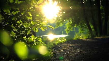 Aufkleber - Sunlit leaves frame a tranquil lakeside path, bathed in the warm glow of the setting sun, creating a serene and peaceful atmosphere. : Generative AI