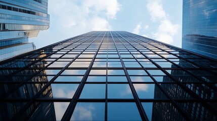 Poster - Low-angle view of a modern skyscraper reflecting clouds and sky, showcasing its glass facade and architectural design. The image emphasizes the building's height and the contrast betwe : Generative AI