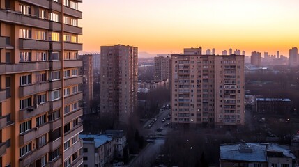 Aufkleber - Sunset cityscape view of apartment buildings and city skyline, showcasing warm orange hues and a tranquil evening atmosphere. : Generative AI