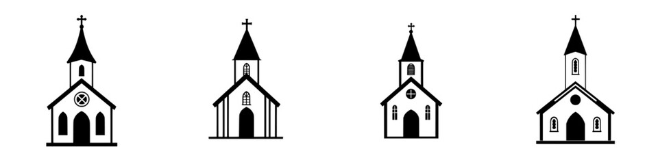 Poster - Flat black church icons representing different architectural styles and features for design projects or educational use