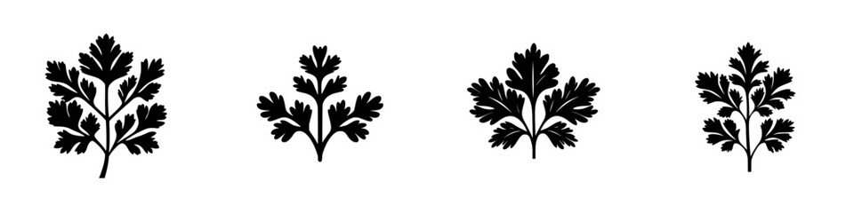 Poster - flat black icon of varying parsley leaves in detailed silhouettes arranged in a row
