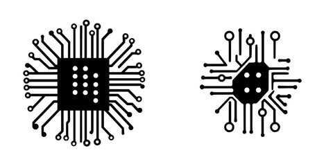 Poster - Flat black icons of microchips and circuit designs showcasing intricate technology patterns and modern electrical components in a minimalist style