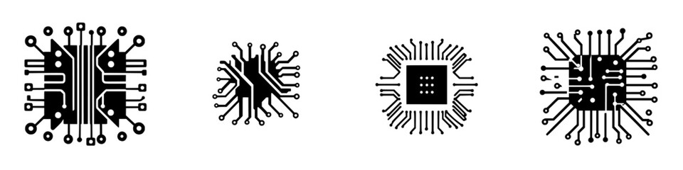 Poster - Icon set showcasing flat black microchips representing technology and innovation in digital design