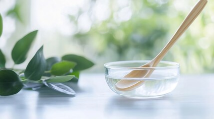 Leinwandbilder - A glass bowl filled with clear liquid sits on a white surface, a wooden spoon rests inside, and blurred green leaves are in the background, suggesting a natural, healthy product. : Generative AI