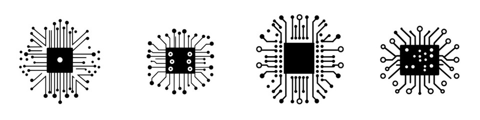 Poster - Multiple flat black icons representing various microchip designs with intricate circuit patterns