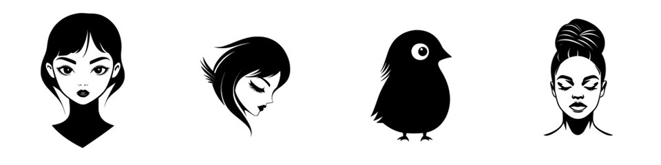 Poster - Flat black icons representing diverse characters and a bird in minimalist design for creative applications