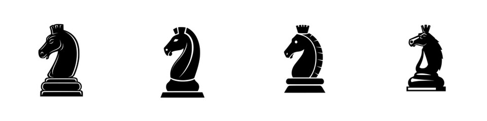 Poster - flat black icons of chess knight pieces displayed in various styles for a minimalist design