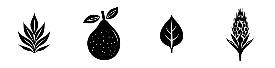 Poster - flat black icons of various plants and fruits showcasing natural elements in a minimalist style