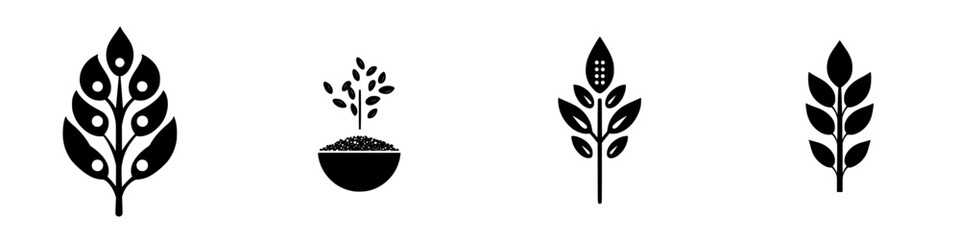 Poster - Collection of flat black nature-themed icons representing various plant elements and growth stages in a minimalist design