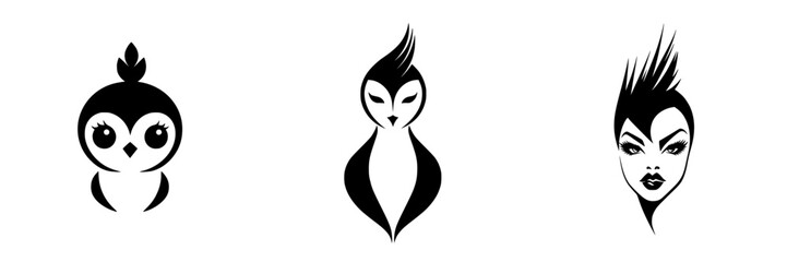 Poster - creative black icons featuring whimsical bird designs and stylized human figure