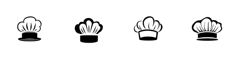 Poster - Set of flat black cooking hat icons illustrating various chef headwear styles for culinary themes and graphics