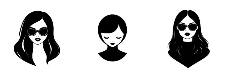 Poster - collection of flat black icons depicting female faces in stylish glasses and various hairstyles for 