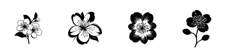 Poster - flat black floral icons showcasing unique flower designs with varying shapes and details for graphic