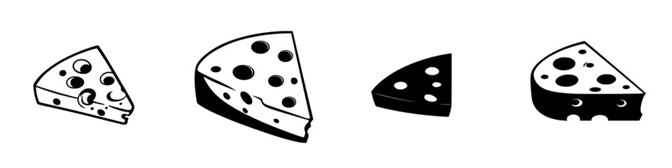 Poster - flat black cheese icons representing various types of cheese cut into triangular and wedge shapes wi