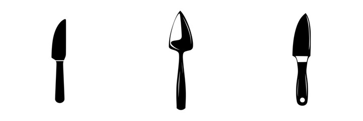 Poster - Different types of flat black kitchen tools arranged on a plain background for culinary use and design inspiration