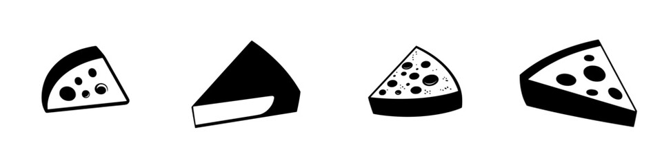 Poster - distinctive flat black icons representing various types of pizza slices with unique toppings and sha