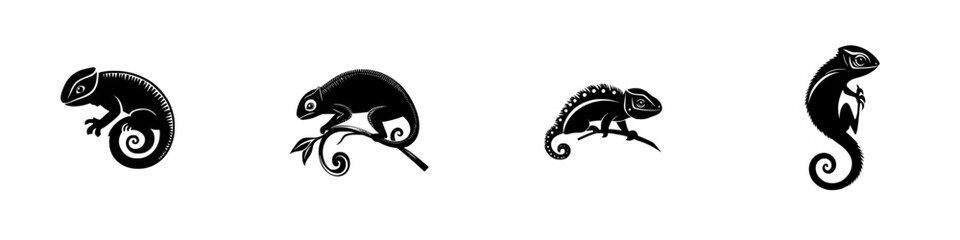 Poster - Stylized flat black icons of chameleons showcasing different poses and characteristics on a white background