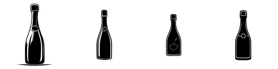 Poster - Collection of flat black icons representing various champagne bottles in a minimalist style
