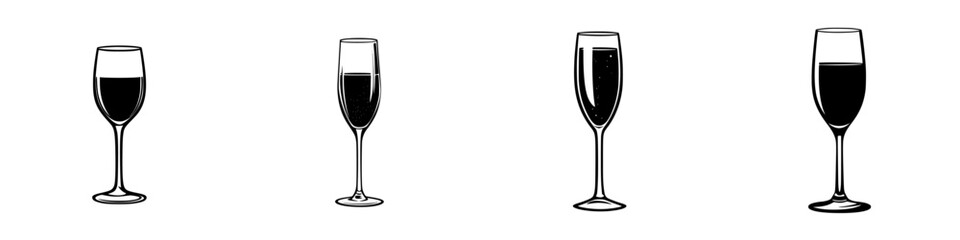 Poster - stylized flat black icons of four different types of wine glasses with varying shapes and contents