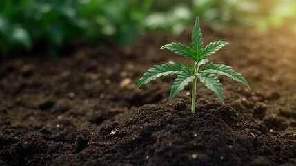 Poster - A young cannabis plant seedling emerges from dark soil, its vibrant green leaves reaching towards sunlight in a field of other plants. : Generative AI