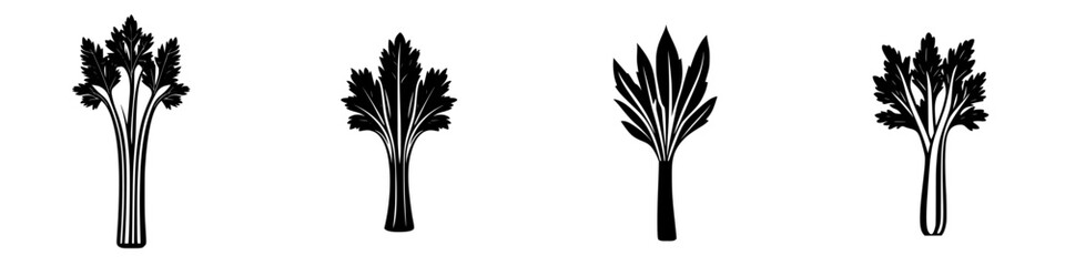 Poster - Multiple flat black icons representing various styles of celery outlined against a white background for design and culinary uses