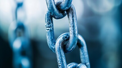 Poster - Close-up view of a weathered steel chain, links interconnected, showing texture and detail; cool blue tones dominate the image, suggesting strength and connection. : Generative AI