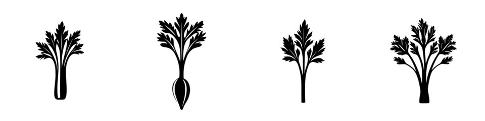 Poster - Black icons representing various types of vegetables featuring celery, radish, and similar leafy plants on a white background