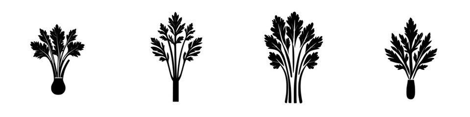 Poster - multiple flat black icons representing variations of celery and its features for use in diverse grap
