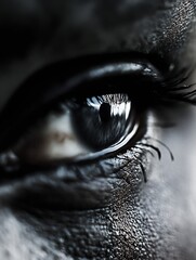 Poster - Close-up of a human eye, showcasing intricate details of the iris, pupil, and eyelashes, with a dramatic, dark and moody atmosphere. : Generative AI