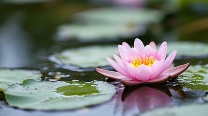 Aufkleber - A serene pink water lily floats gently on a calm pond, its petals unfurling in the soft sunlight, reflecting beautifully on the dark water's surface. : Generative AI