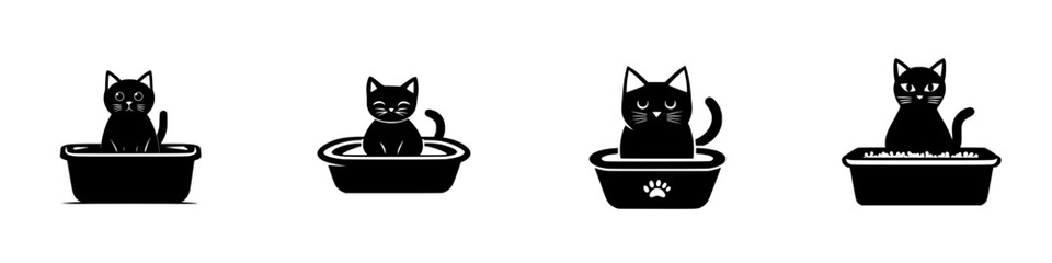 Poster - Various black icons of cats in different poses and actions in containers depicted in a minimalistic style on a plain background