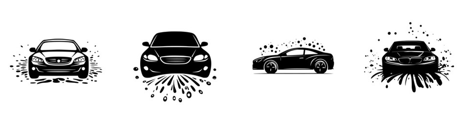 Poster - stylized flat black car icon collection showcasing different vehicle designs and motion effects