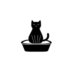 Poster - Black cat icon sitting in a bowl, representing feline curiosity and comfort in a minimalist design