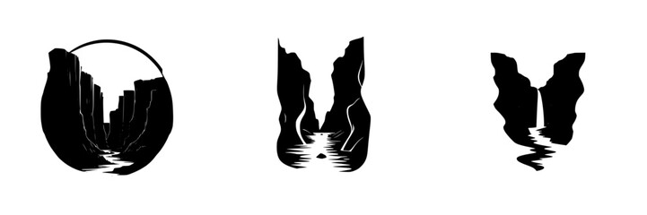 Poster - Flat black icon depicting abstract landscapes with water features and rock formations designed in a simplistic style
