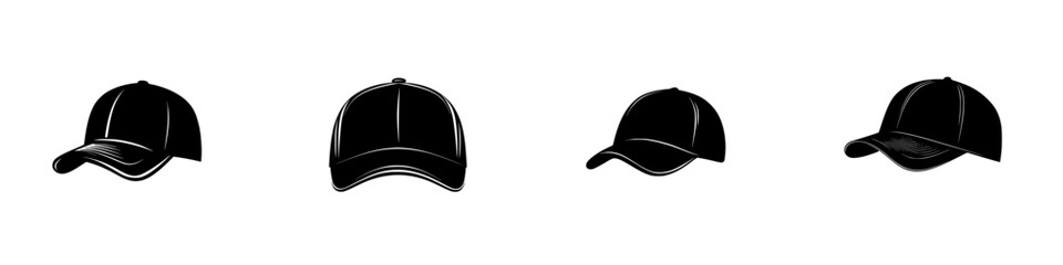 Poster - Flat black icons of different styles of caps arranged in a row showcasing various angles and designs