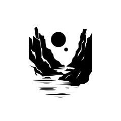 Poster - Flat black icon depicting a serene landscape with mountains, water, and celestial bodies in a bold minimalist design