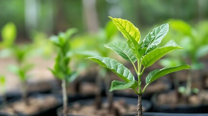 Poster - Close-up view of a vibrant young plant seedling, showcasing its bright green leaves and slender stem, growing among other similar saplings in a nursery setting. : Generative AI