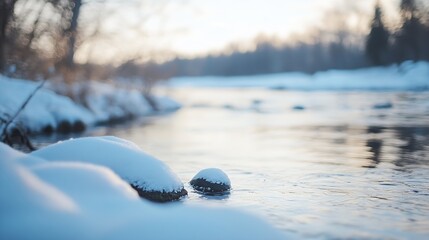 Poster - Serene winter scene: snow-covered rocks partially submerged in a calm, flowing river, with a blurred background of trees and a soft, pale sky. : Generative AI