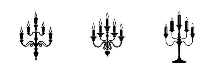 Poster - Elegant flat black candelabra icons in various designs showcasing intricate decorations and candle arrangements