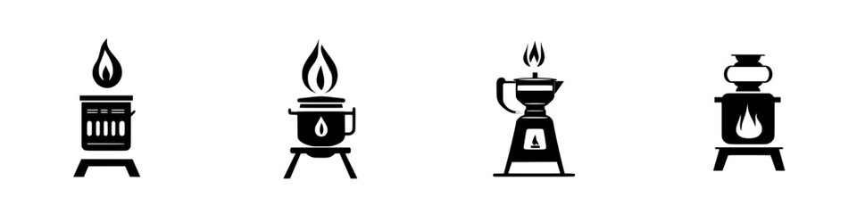 Poster - Collection of flat black cooking icons representing various heating appliances used for food preparation