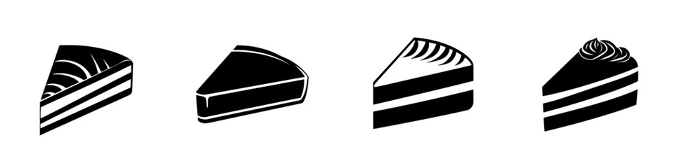 Poster - various flat black dessert slice icons depicting different styles of cake in a minimalist design sui