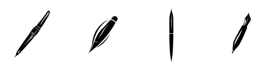 Poster - Flat black icon depicting various types of pens, showcasing their distinct features and designs in a minimalist style