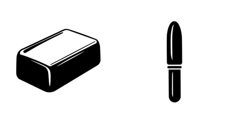 Poster - Black icon representing a bar of soap and a knife, showcasing minimalist design for everyday objects