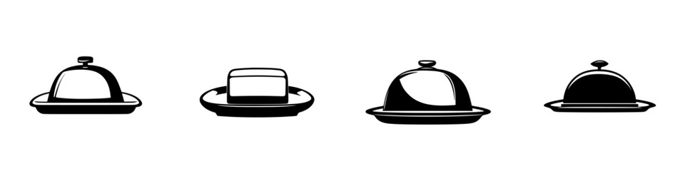 Poster - Flat black icon set representing various cloches and serving trays in a minimalist style for catering or dining
