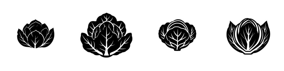 Poster - Various flat black vegetable icons representing different types of leafy greens suitable for digital illustrations or graphic design