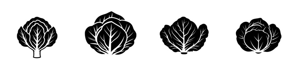 Poster - Flat black icons of different varieties of cabbage shown from various angles on a plain background