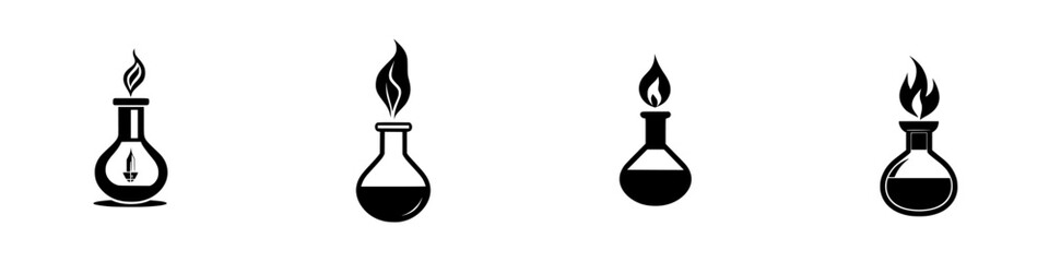Poster - Flat black icons representing laboratory flasks with flames symbolizing chemical reactions in a science context