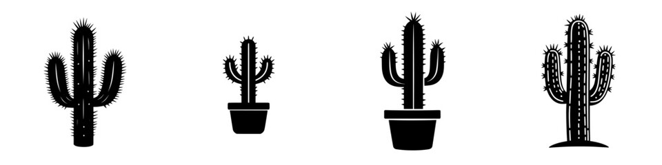 Poster - collection of flat black cactus icons showcasing different sizes and styles in a minimalist design s