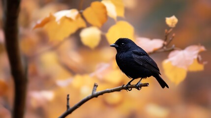 Poster - A small, black bird perches on a slender branch, amidst a bokeh of warm, autumnal foliage.  The bird's dark plumage contrasts beautifully with the blurred yellow and orange leaves. : Generative AI