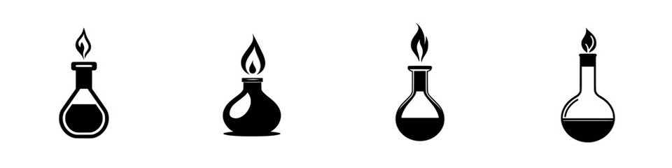 Poster - Icon set featuring black laboratory glassware with flames representing various chemical processes and experiments